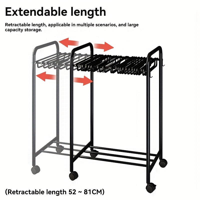 Rolling Trolley Clothes Organizer with 24 Hooks - Stretchable Metal Hanger for Jeans, Trousers & Skirts, Space-Saving Wardrobe Storage, Black & White, Clothes Hangers