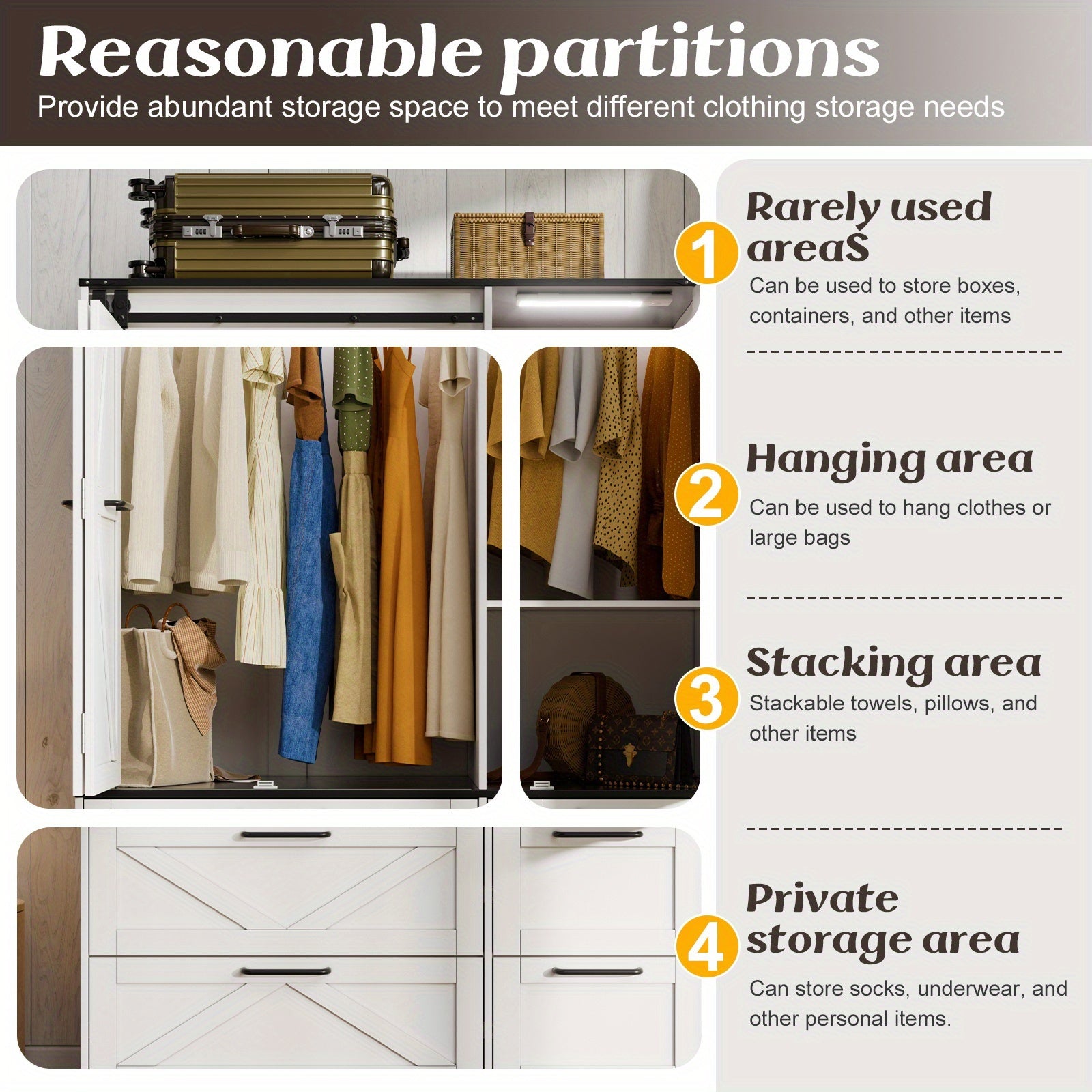 White Bedroom Wardrobe with Folding Sliding Barn Doors | Four Drawers, Mirror, LED Lights, Hanging Rods, Contemporary Style, Hardwood Material, PAKASEPT Brand