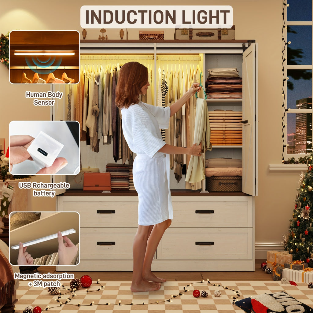 Farmhouse 4 Doors Armoire Wardrobe Closet W\u002FFolding Sliding Barn Door And Lights, LED Armoire Closet W\u002FDrawers for Bedroom, Freestanding Wooden Wardrobe Storage Closets W\u002FHanging Rod