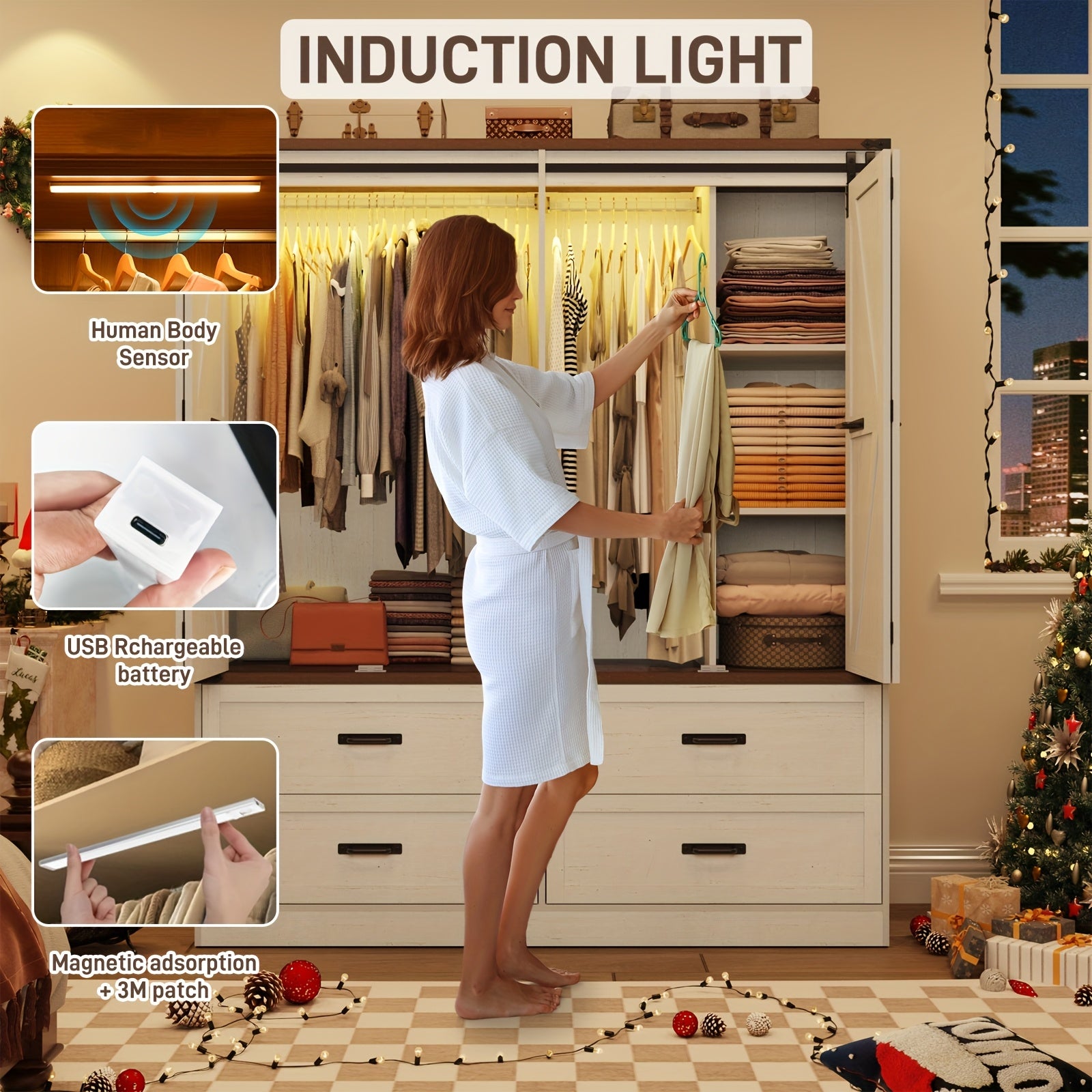 Farmhouse 4 Doors Armoire Wardrobe Closet W\u002FFolding Sliding Barn Door And Lights, LED Armoire Closet W\u002FDrawers for Bedroom, Freestanding Wooden Wardrobe Storage Closets W\u002FHanging Rod