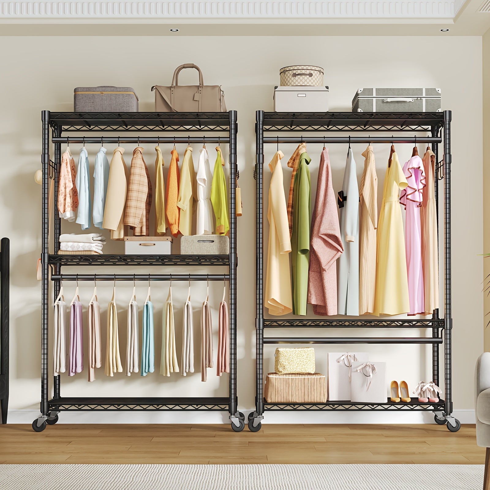 Sturdy Clothes Rack Designed for Hanging Garments, Featuring Adjustable Metal Wire Shelves, Portable with Wheels And Side Hooks, Available in Black And White
