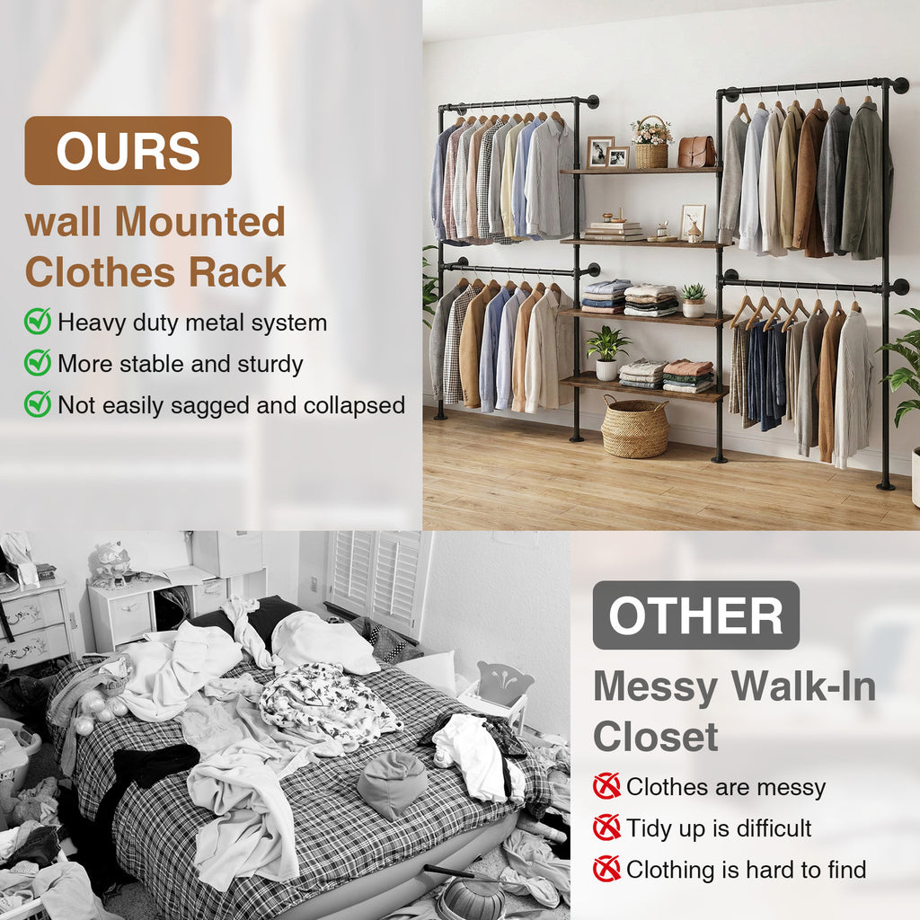 Heavy-Duty Industrial Pipe Clothing Rack with Double Hanging Rods & Shelves - Large Capacity Wall-Mounted Garment Organizer Suitable for Walk-In Closets, Laundry Rooms, Retail Display, with, Space-Saving