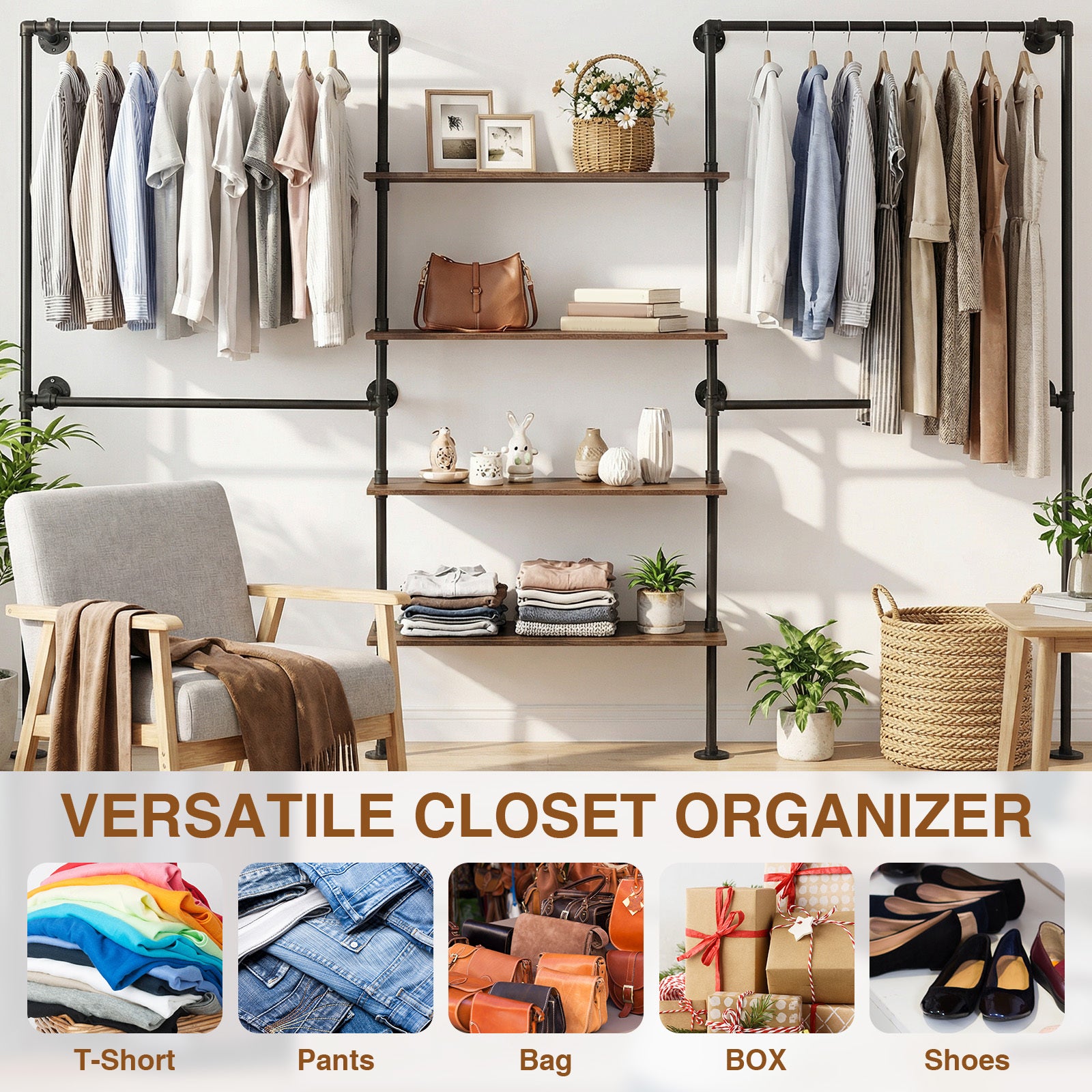 Heavy-Duty Industrial Pipe Clothing Rack with Double Hanging Rods & Shelves - Large Capacity Wall-Mounted Garment Organizer Suitable for Walk-In Closets, Laundry Rooms, Retail Display, with, Space-Saving
