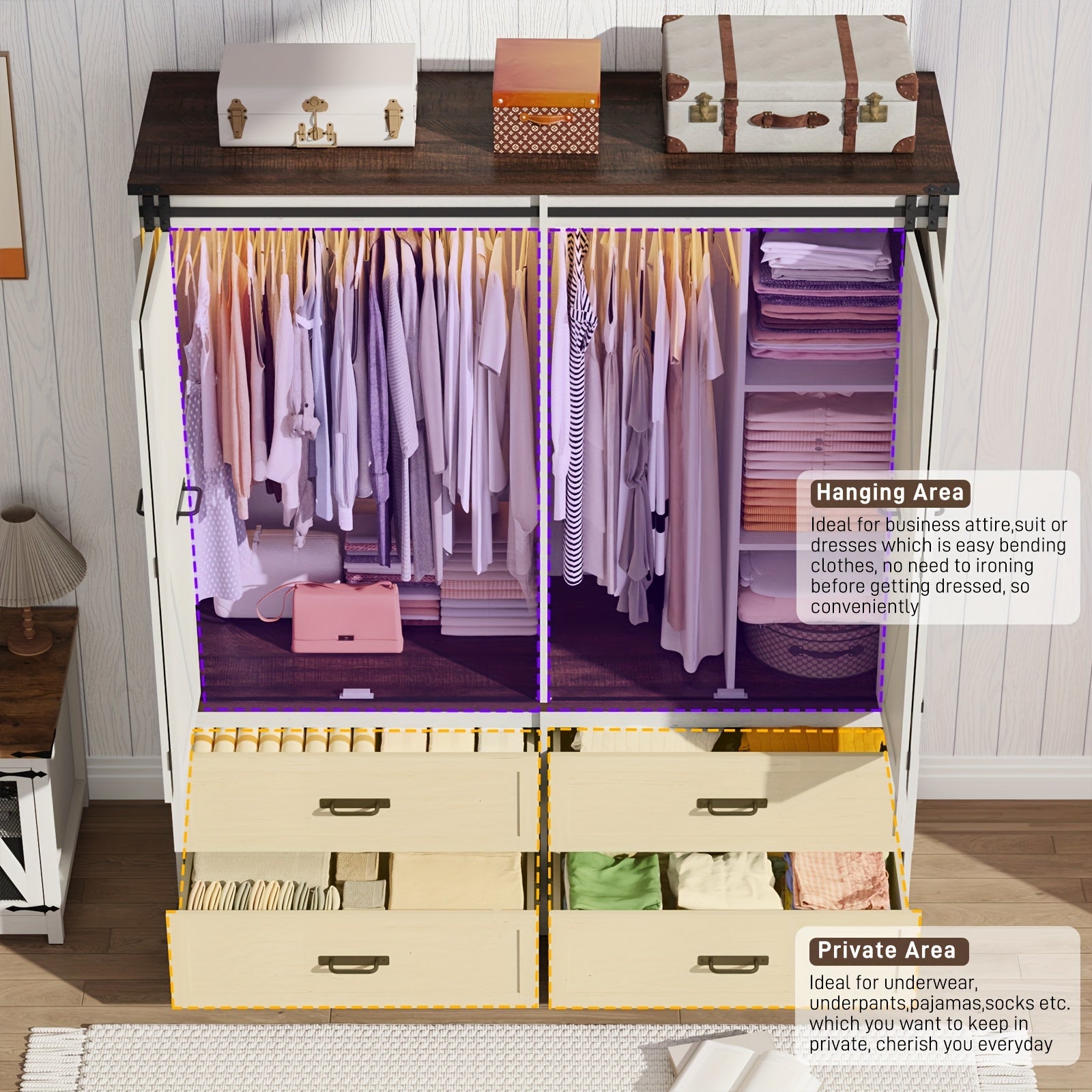 Farmhouse 4 Doors Armoire Wardrobe Closet W\u002FFolding Sliding Barn Door And Lights, LED Armoire Closet W\u002FDrawers for Bedroom, Freestanding Wooden Wardrobe Storage Closets W\u002FHanging Rod