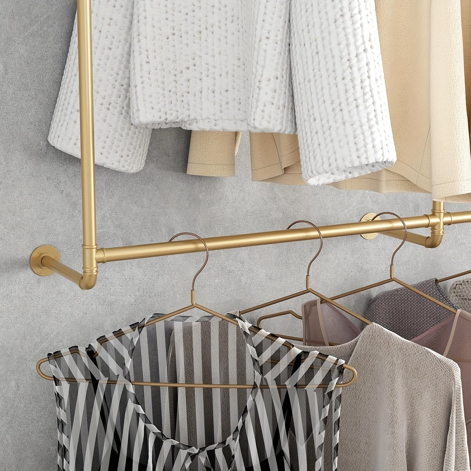Iron HomeStyle Industrial Pipe Clothing Rack Clothing Rack Wall Mounted Clothes Racks For Hanging Clothes Double Rod-2 Tier Black