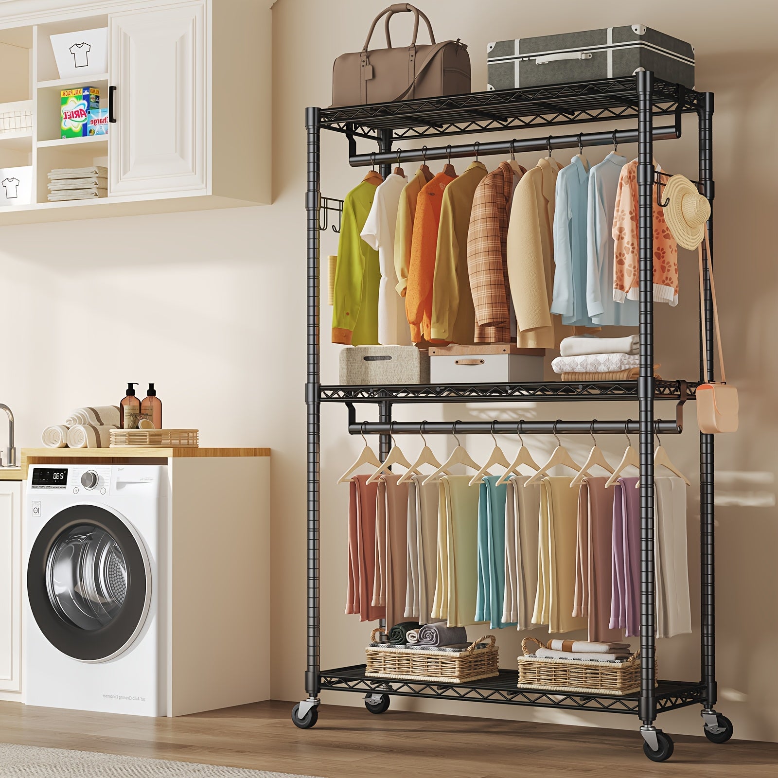 Sturdy Clothes Rack Designed for Hanging Garments, Featuring Adjustable Metal Wire Shelves, Portable with Wheels And Side Hooks, Available in Black And White