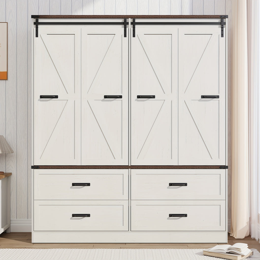 Farmhouse 4 Doors Armoire Wardrobe Closet W\u002FFolding Sliding Barn Door And Lights, LED Armoire Closet W\u002FDrawers for Bedroom, Freestanding Wooden Wardrobe Storage Closets W\u002FHanging Rod