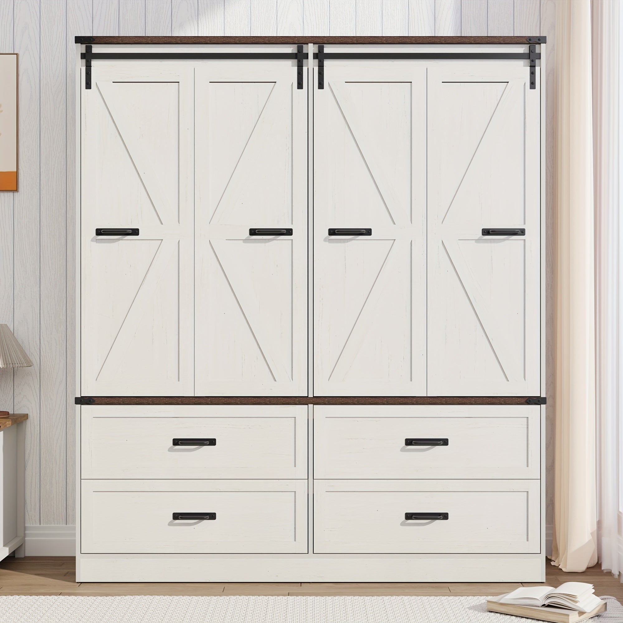 Farmhouse 4 Doors Armoire Wardrobe Closet W\u002FFolding Sliding Barn Door And Lights, LED Armoire Closet W\u002FDrawers for Bedroom, Freestanding Wooden Wardrobe Storage Closets W\u002FHanging Rod