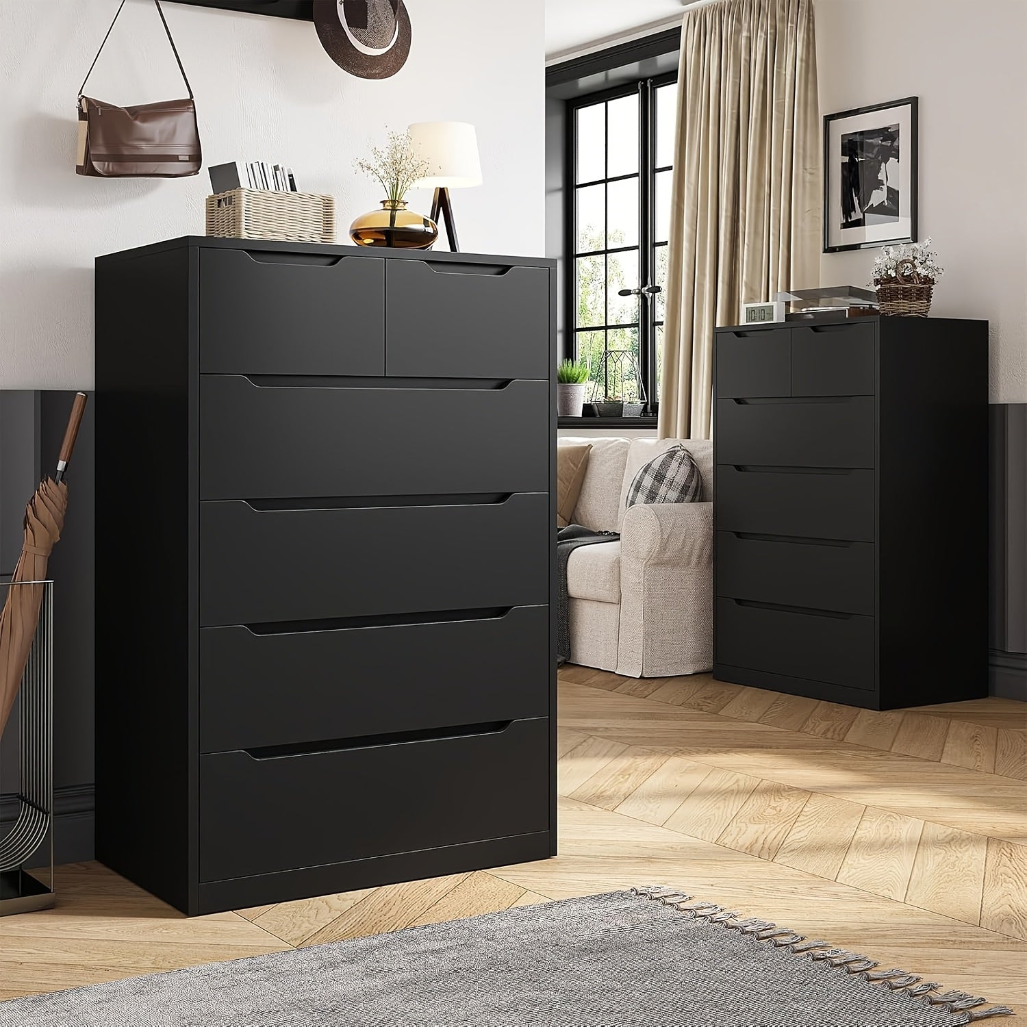 Modern Minimalist Style Wardrobe Storage System Storage Cabinet, with A Storage Box with 6 Independent Drawers, High-quality Wooden Storage Cabinet, Premium Black, Deep Drawer Pull-out Storage Box, Smooth Metal Track, Used for Storage, Organization.