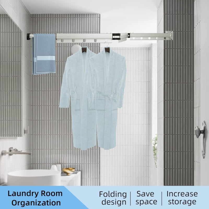 304 Stainless Steel Heavy Duty Retractable Clothes Drying Rack, Foldable Wall-Mounted Suction Laundry Rack With Windproof Fixing Holes, Space-Saving Non-Punching Drying Rack For Indoor Outdoor Balcony Window (3-Fold-White\u002F Grey), Drying Racks