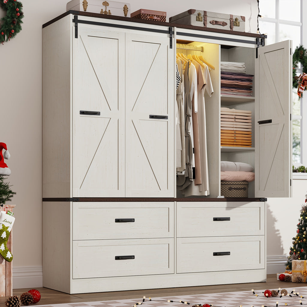 Farmhouse 4 Doors Armoire Wardrobe Closet W\u002FFolding Sliding Barn Door And Lights, LED Armoire Closet W\u002FDrawers for Bedroom, Freestanding Wooden Wardrobe Storage Closets W\u002FHanging Rod