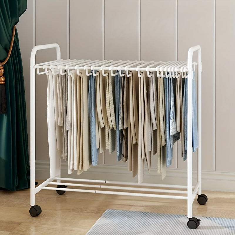 Rolling Trolley Clothes Organizer with 24 Hooks - Stretchable Metal Hanger for Jeans, Trousers & Skirts, Space-Saving Wardrobe Storage, Black & White, Clothes Hangers
