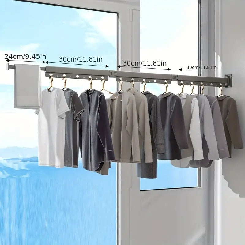 304 Stainless Steel Heavy Duty Retractable Clothes Drying Rack, Foldable Wall-Mounted Suction Laundry Rack With Windproof Fixing Holes, Space-Saving Non-Punching Drying Rack For Indoor Outdoor Balcony Window (3-Fold-White\u002F Grey), Drying Racks