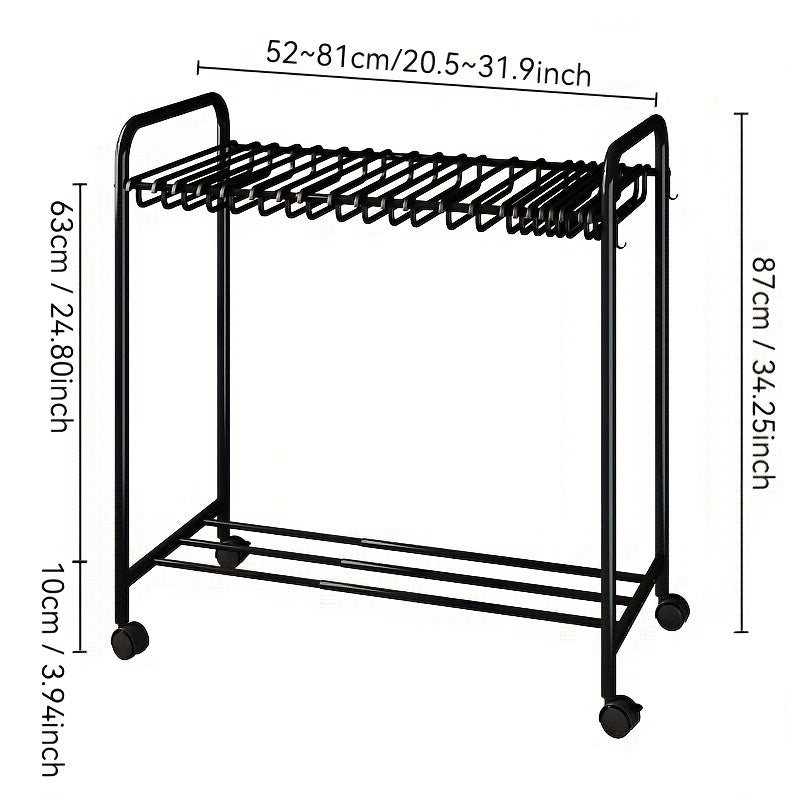 Rolling Trolley Clothes Organizer with 24 Hooks - Stretchable Metal Hanger for Jeans, Trousers & Skirts, Space-Saving Wardrobe Storage, Black & White, Clothes Hangers