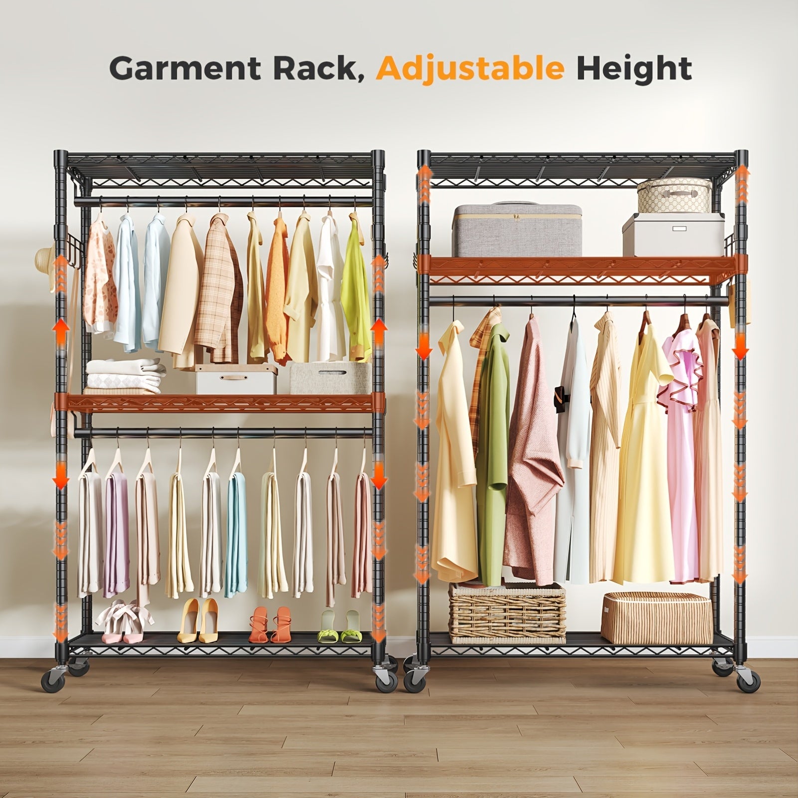 Sturdy Clothes Rack Designed for Hanging Garments, Featuring Adjustable Metal Wire Shelves, Portable with Wheels And Side Hooks, Available in Black And White