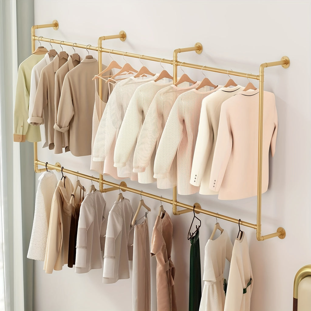 Iron HomeStyle Industrial Pipe Clothing Rack Clothing Rack Wall Mounted Clothes Racks For Hanging Clothes Double Rod-2 Tier Black