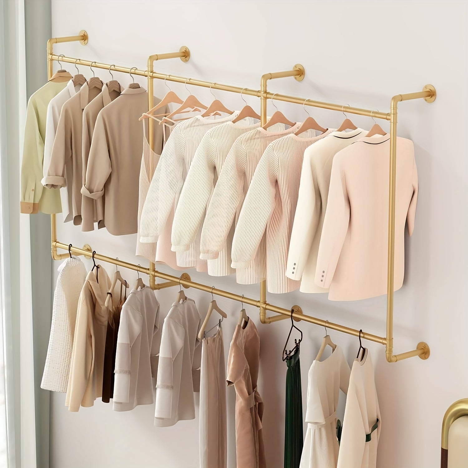 Iron HomeStyle Industrial Pipe Clothing Rack Clothing Rack Wall Mounted Clothes Racks For Hanging Clothes Double Rod-2 Tier Black