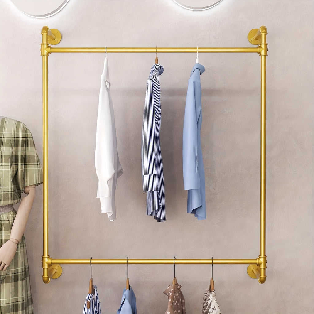 Iron HomeStyle Industrial Pipe Clothing Rack Clothing Rack Wall Mounted Clothes Racks For Hanging Clothes Double Rod-2 Tier Black