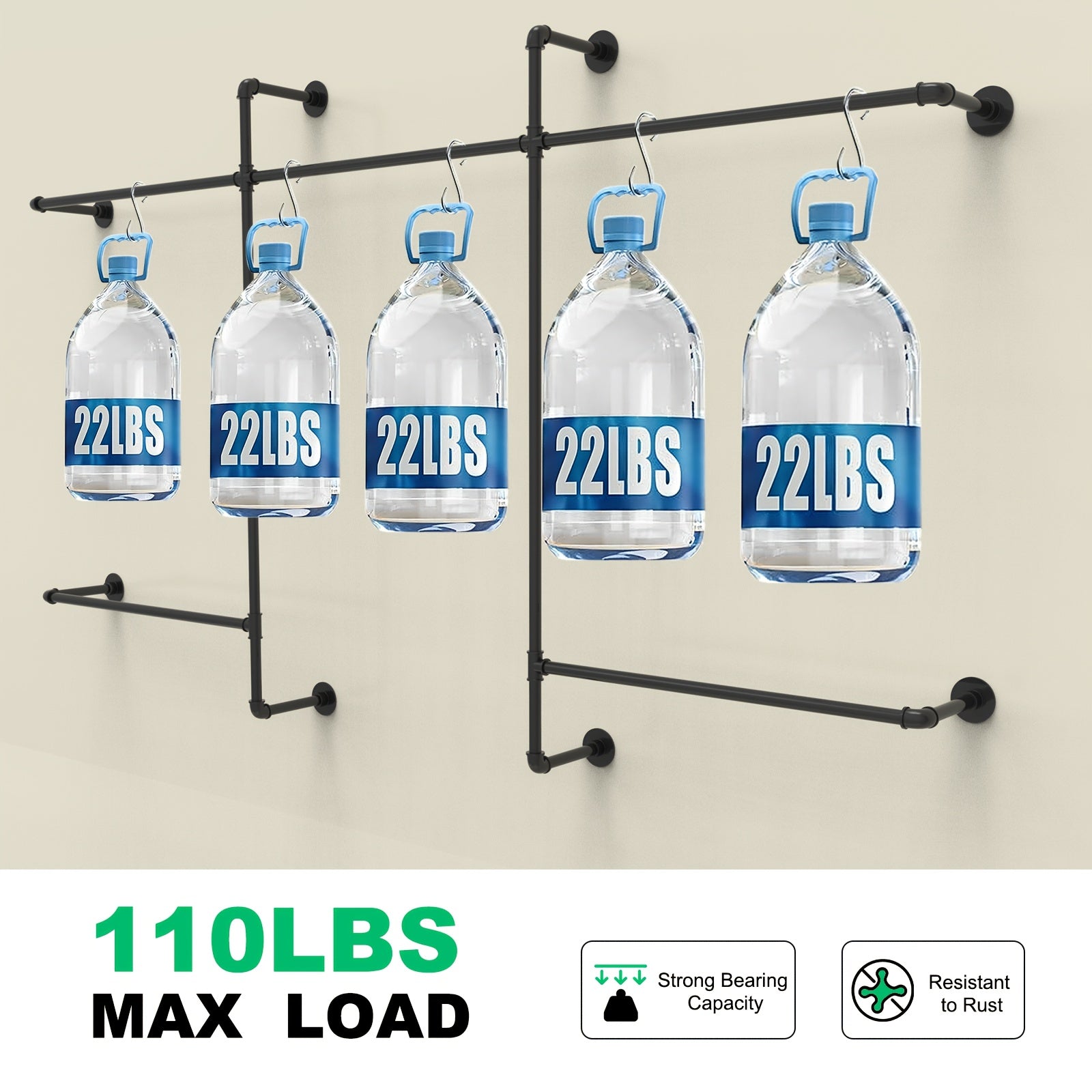 Heavy-Duty Industrial Wall-Mounted Clothing Rack with 5 Hanging Rods - Stainless Pipe Garment Rack Suitable for Retail Shops, Boutiques, Home Closets, Laundry Rooms & Garage Storage - Space-Saving Hanging Rod System, Assembly