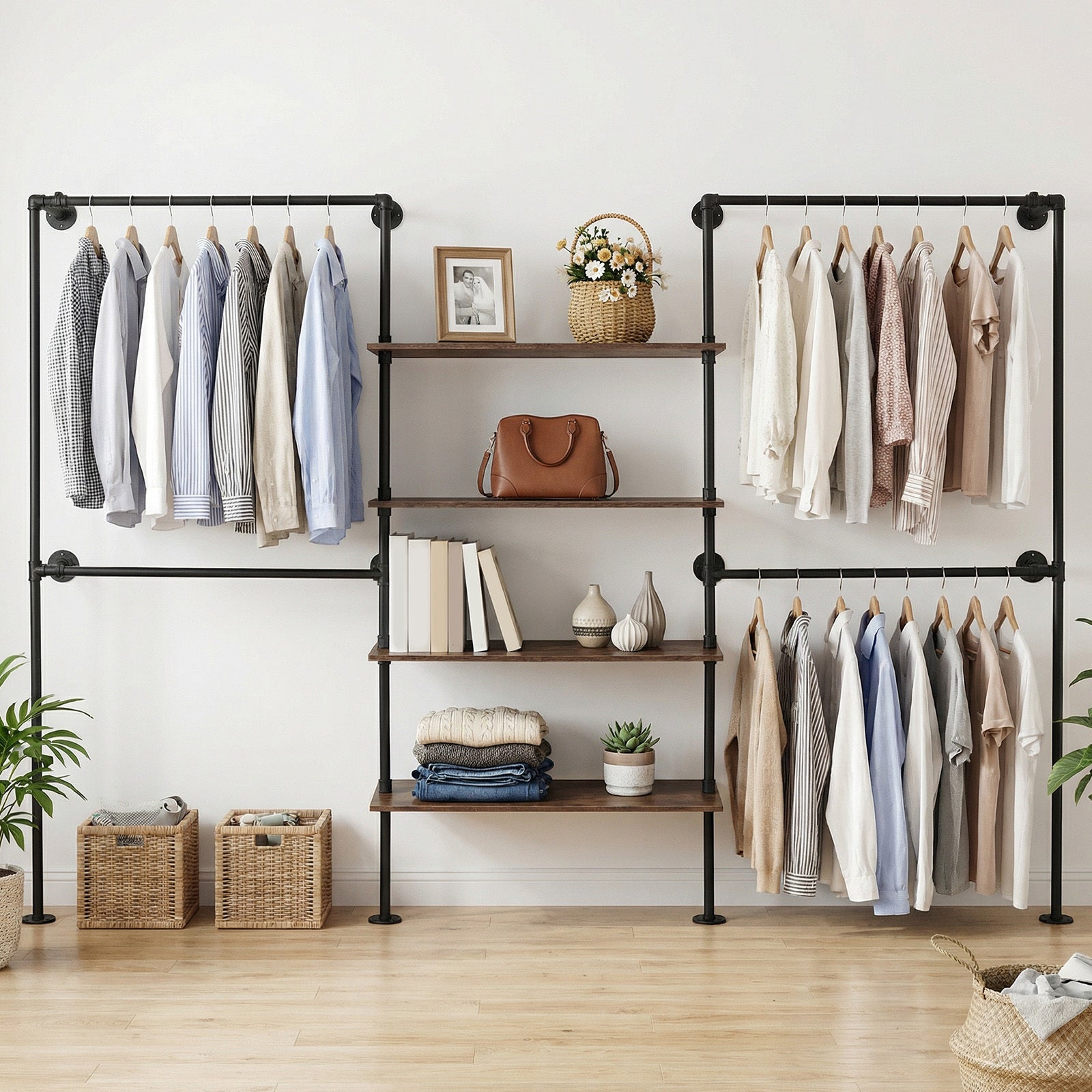 Heavy-Duty Industrial Pipe Clothing Rack with Double Hanging Rods & Shelves - Large Capacity Wall-Mounted Garment Organizer Suitable for Walk-In Closets, Laundry Rooms, Retail Display, with, Space-Saving