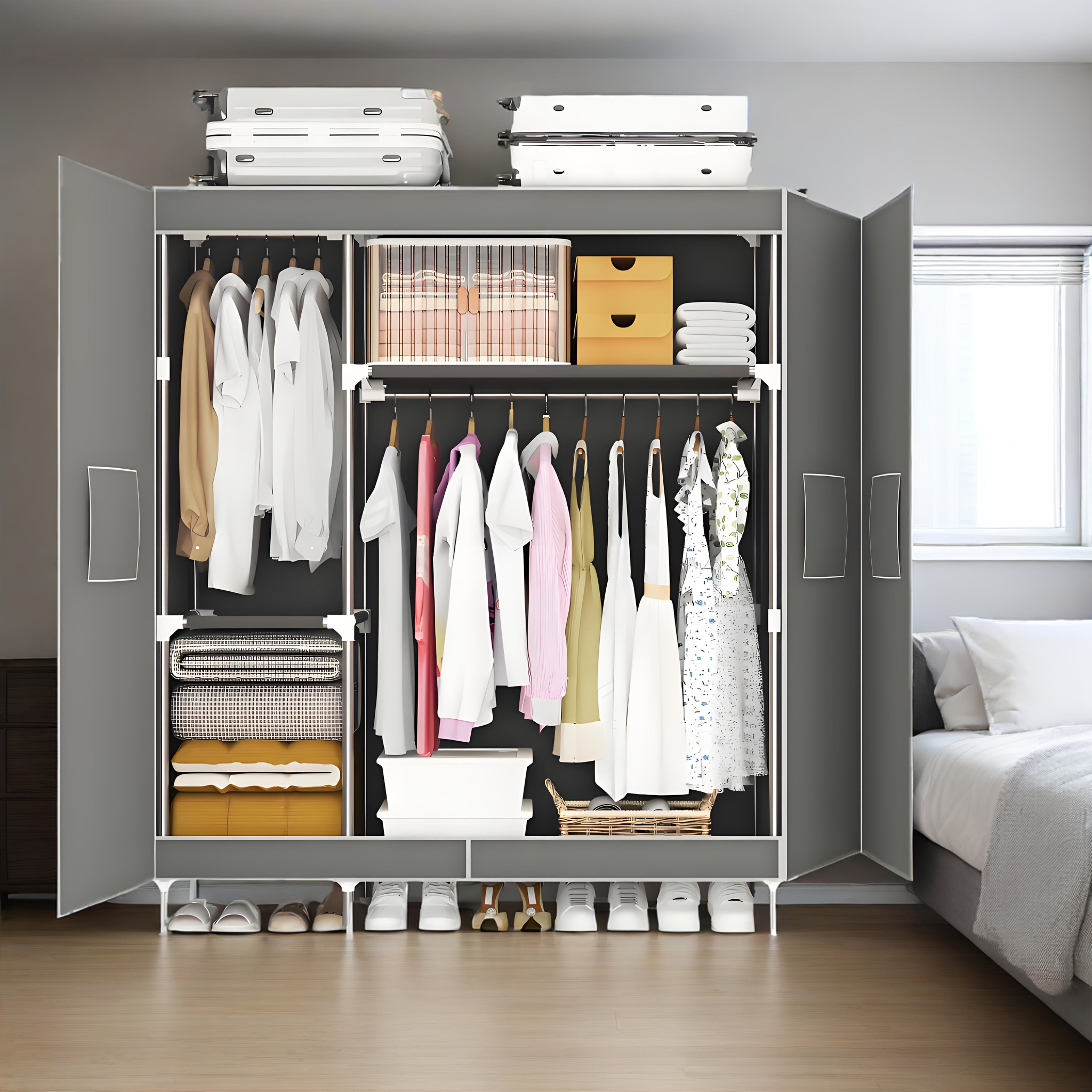 49.2-inch Wide Door-type Fashionable Fabric Wardrobe, 19mm Diameter Thickened And Thickened Steel Pipe, Stable Bracket, Double Hanging RodsThe Door Panel Adopts Strong Magnetic Attraction, Is Sealed And Adhered, Portable Closets