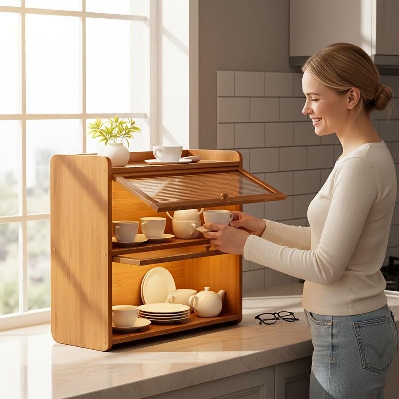 Kitchen Countertop Bread Box Wooden Bread Storage Box Oven Rack with 2-Tier Bread Box Holder Large Capacity Storage Box Vintage Farmhouse Food Storage Box Pantry Rack Acrylic Viewing Window