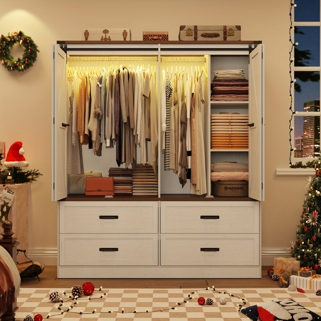 Farmhouse 4 Doors Armoire Wardrobe Closet W\u002FFolding Sliding Barn Door And Lights, LED Armoire Closet W\u002FDrawers for Bedroom, Freestanding Wooden Wardrobe Storage Closets W\u002FHanging Rod