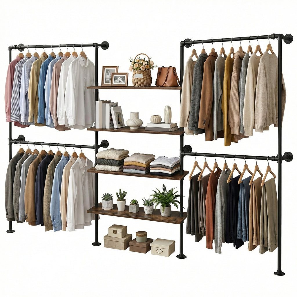 Heavy-Duty Industrial Pipe Clothing Rack with Double Hanging Rods & Shelves - Large Capacity Wall-Mounted Garment Organizer Suitable for Walk-In Closets, Laundry Rooms, Retail Display, with, Space-Saving