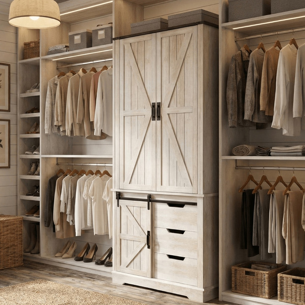 71-Inch Tall Farmhouse Wardrobe with Three Drawers And a Sliding Barn Door, Featuring Three Doors for Clothing Storage And Organization, in a Neoclassical White End