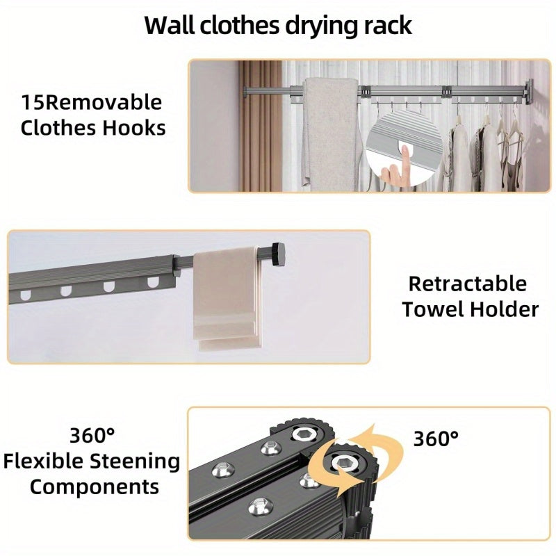304 Stainless Steel Heavy Duty Retractable Clothes Drying Rack, Foldable Wall-Mounted Suction Laundry Rack With Windproof Fixing Holes, Space-Saving Non-Punching Drying Rack For Indoor Outdoor Balcony Window (3-Fold-White\u002F Grey), Drying Racks