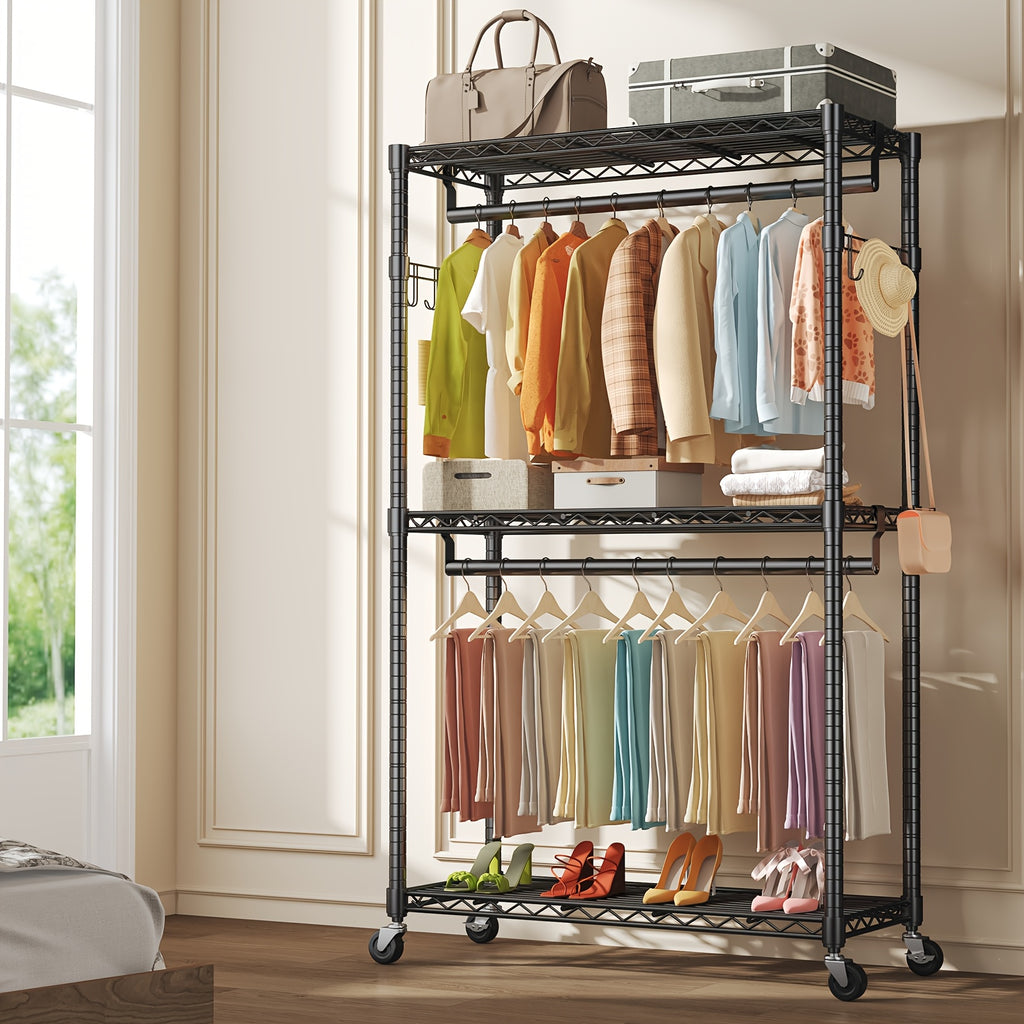 Sturdy Clothes Rack Designed for Hanging Garments, Featuring Adjustable Metal Wire Shelves, Portable with Wheels And Side Hooks, Available in Black And White