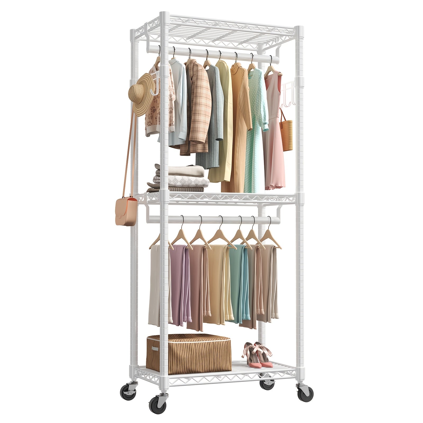Sturdy Clothes Rack Designed for Hanging Garments, Featuring Adjustable Metal Wire Shelves, Portable with Wheels And Side Hooks, Available in Black And White