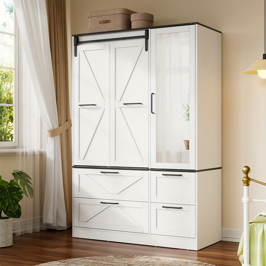 White Bedroom Wardrobe with Folding Sliding Barn Doors | Four Drawers, Mirror, LED Lights, Hanging Rods, Contemporary Style, Hardwood Material, PAKASEPT Brand