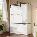 White Bedroom Wardrobe with Folding Sliding Barn Doors | Four Drawers, Mirror, LED Lights, Hanging Rods, Contemporary Style, Hardwood Material, PAKASEPT Brand