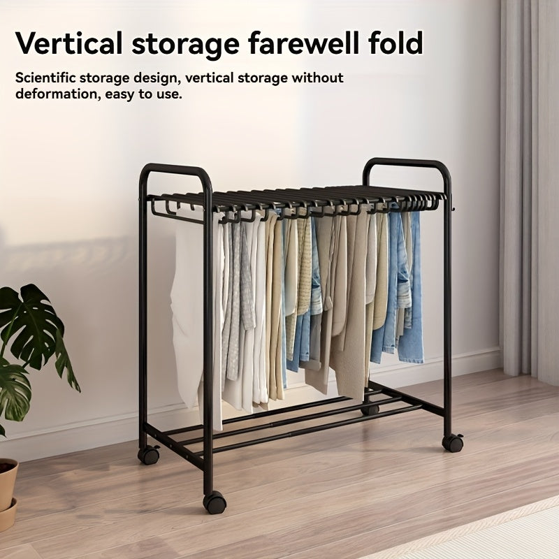 Rolling Trolley Clothes Organizer with 24 Hooks - Stretchable Metal Hanger for Jeans, Trousers & Skirts, Space-Saving Wardrobe Storage, Black & White, Clothes Hangers