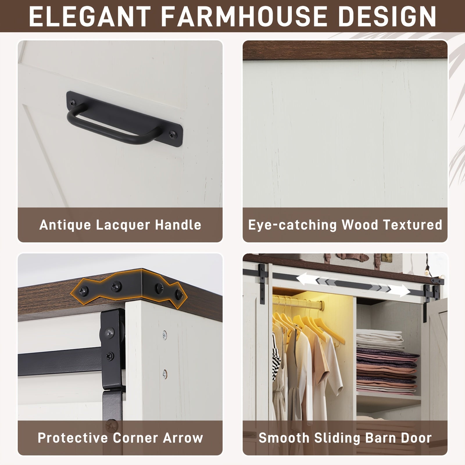Farmhouse 4 Doors Armoire Wardrobe Closet W\u002FFolding Sliding Barn Door And Lights, LED Armoire Closet W\u002FDrawers for Bedroom, Freestanding Wooden Wardrobe Storage Closets W\u002FHanging Rod