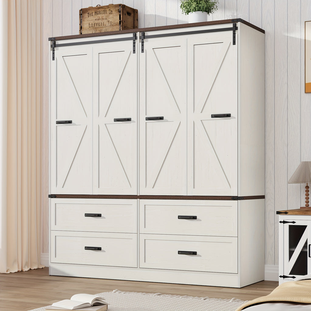 Farmhouse 4 Doors Armoire Wardrobe Closet W\u002FFolding Sliding Barn Door And Lights, LED Armoire Closet W\u002FDrawers for Bedroom, Freestanding Wooden Wardrobe Storage Closets W\u002FHanging Rod