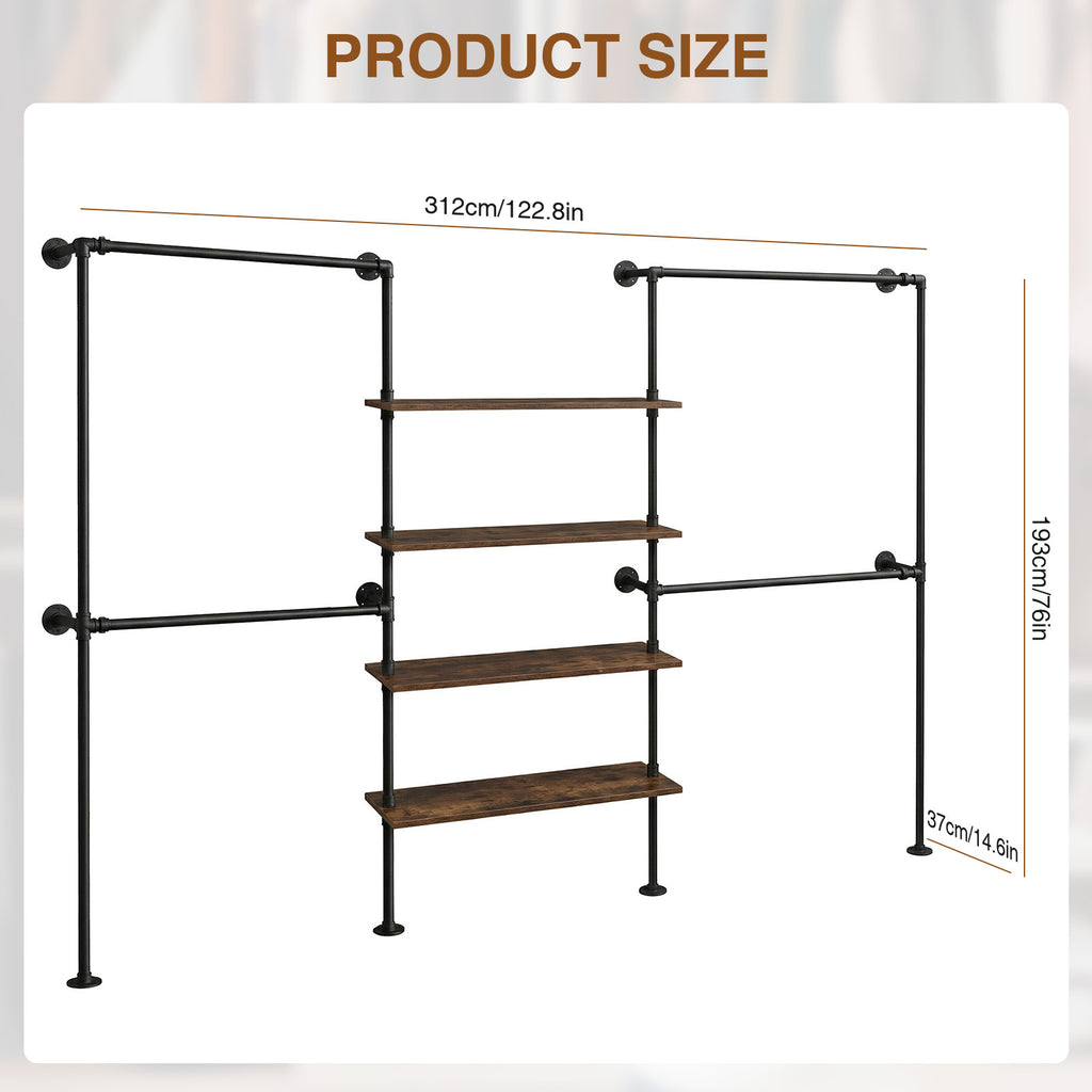 Heavy-Duty Industrial Pipe Clothing Rack with Double Hanging Rods & Shelves - Large Capacity Wall-Mounted Garment Organizer Suitable for Walk-In Closets, Laundry Rooms, Retail Display, with, Space-Saving