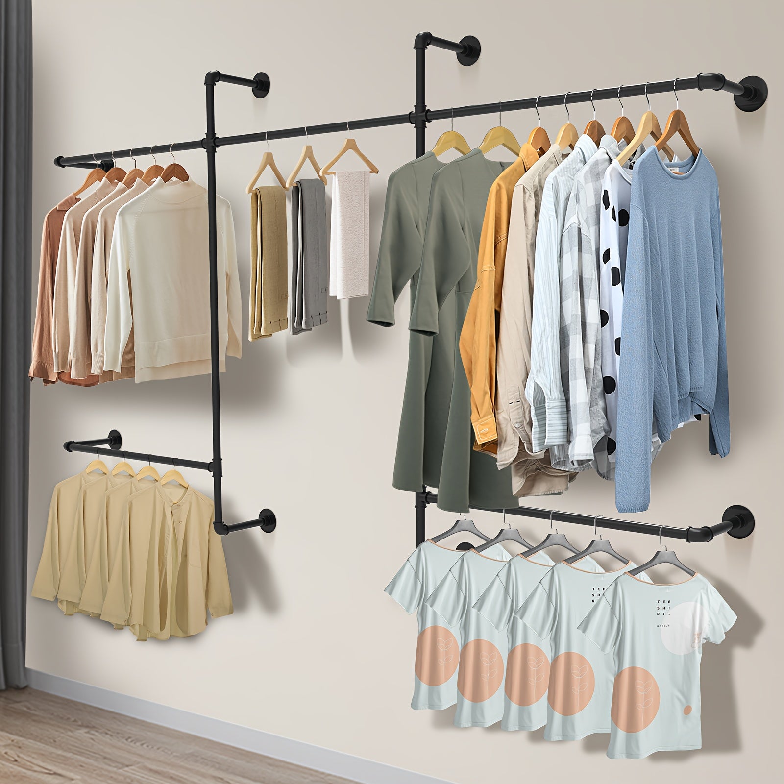 Heavy-Duty Industrial Wall-Mounted Clothing Rack with 5 Hanging Rods - Stainless Pipe Garment Rack Suitable for Retail Shops, Boutiques, Home Closets, Laundry Rooms & Garage Storage - Space-Saving Hanging Rod System, Assembly