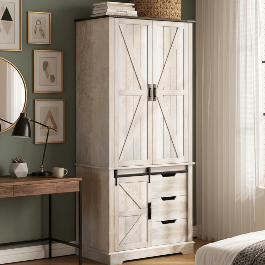 71-Inch Tall Farmhouse Wardrobe with Three Drawers And a Sliding Barn Door, Featuring Three Doors for Clothing Storage And Organization, in a Neoclassical White End