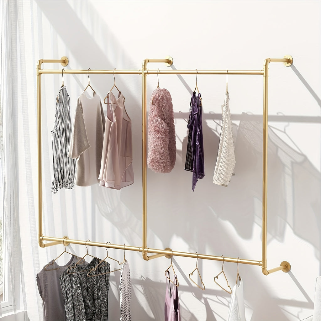 Iron HomeStyle Industrial Pipe Clothing Rack Clothing Rack Wall Mounted Clothes Racks For Hanging Clothes Double Rod-2 Tier Black