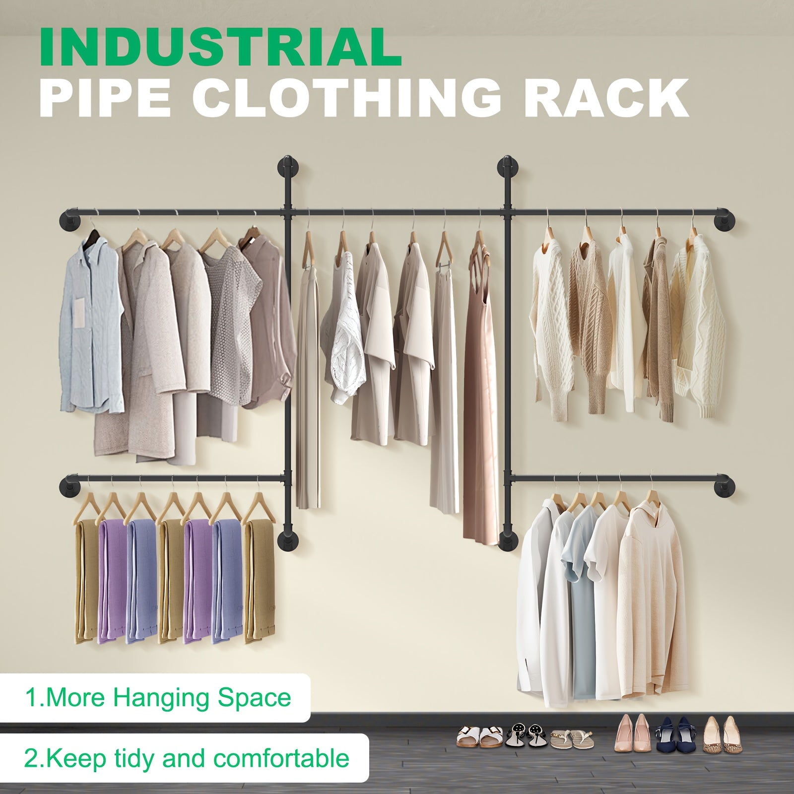 Heavy-Duty Industrial Wall-Mounted Clothing Rack with 5 Hanging Rods - Stainless Pipe Garment Rack Suitable for Retail Shops, Boutiques, Home Closets, Laundry Rooms & Garage Storage - Space-Saving Hanging Rod System, Assembly