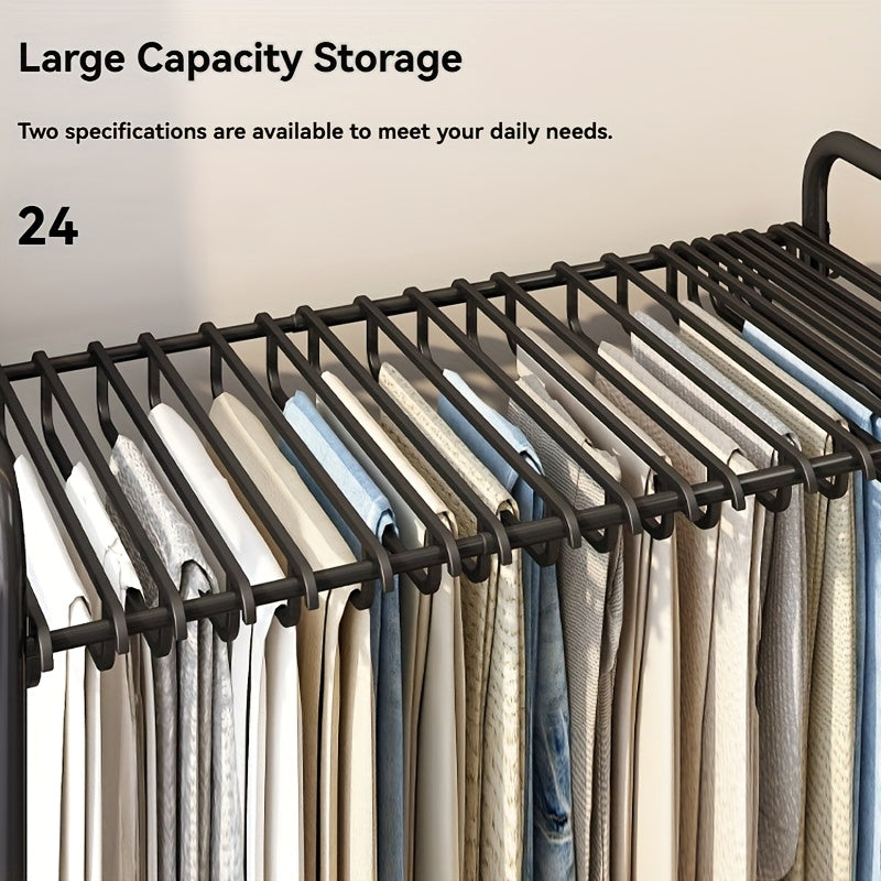 Rolling Trolley Clothes Organizer with 24 Hooks - Stretchable Metal Hanger for Jeans, Trousers & Skirts, Space-Saving Wardrobe Storage, Black & White, Clothes Hangers