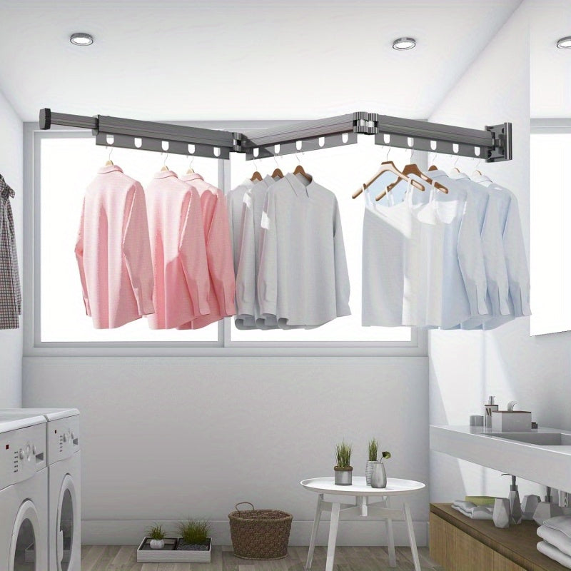 304 Stainless Steel Heavy Duty Retractable Clothes Drying Rack, Foldable Wall-Mounted Suction Laundry Rack With Windproof Fixing Holes, Space-Saving Non-Punching Drying Rack For Indoor Outdoor Balcony Window (3-Fold-White\u002F Grey), Drying Racks