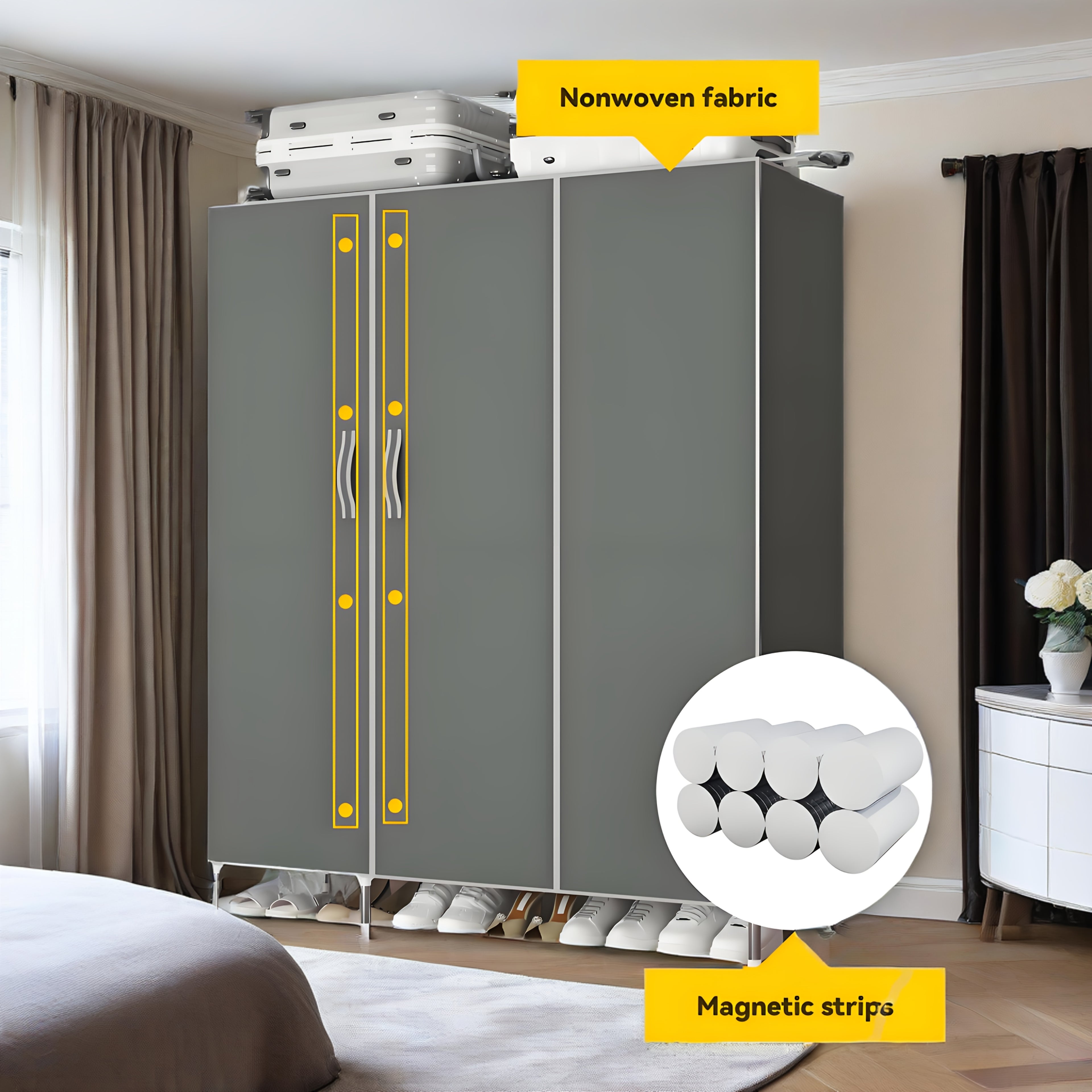 49.2-inch Wide Door-type Fashionable Fabric Wardrobe, 19mm Diameter Thickened And Thickened Steel Pipe, Stable Bracket, Double Hanging RodsThe Door Panel Adopts Strong Magnetic Attraction, Is Sealed And Adhered, Portable Closets