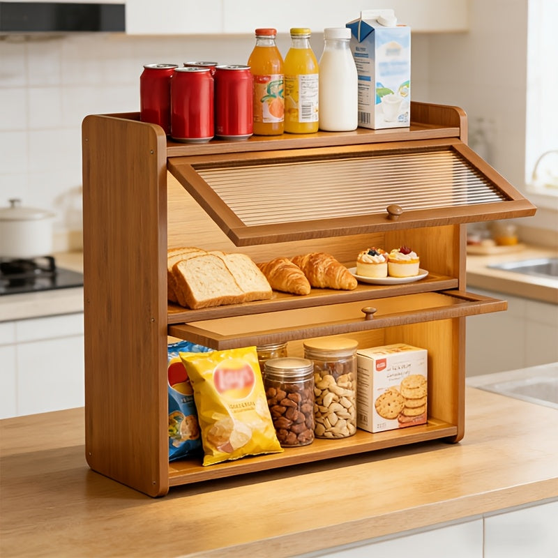 Kitchen Countertop Bread Box Wooden Bread Storage Box Oven Rack with 2-Tier Bread Box Holder Large Capacity Storage Box Vintage Farmhouse Food Storage Box Pantry Rack Acrylic Viewing Window