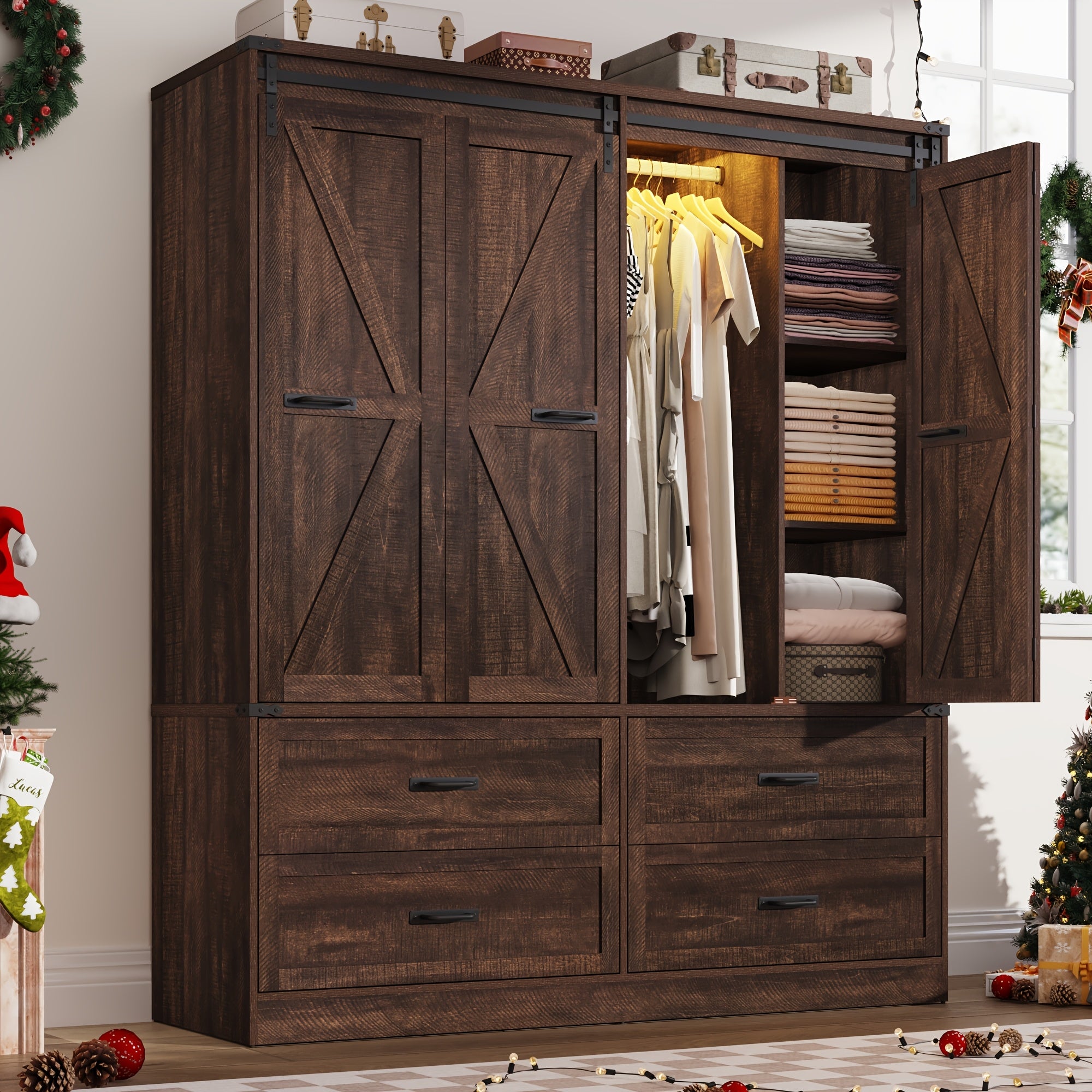 Farmhouse 4 Doors Armoire Wardrobe Closet W\u002FFolding Sliding Barn Door And Lights, LED Armoire Closet W\u002FDrawers for Bedroom, Freestanding Wooden Wardrobe Storage Closets W\u002FHanging Rod