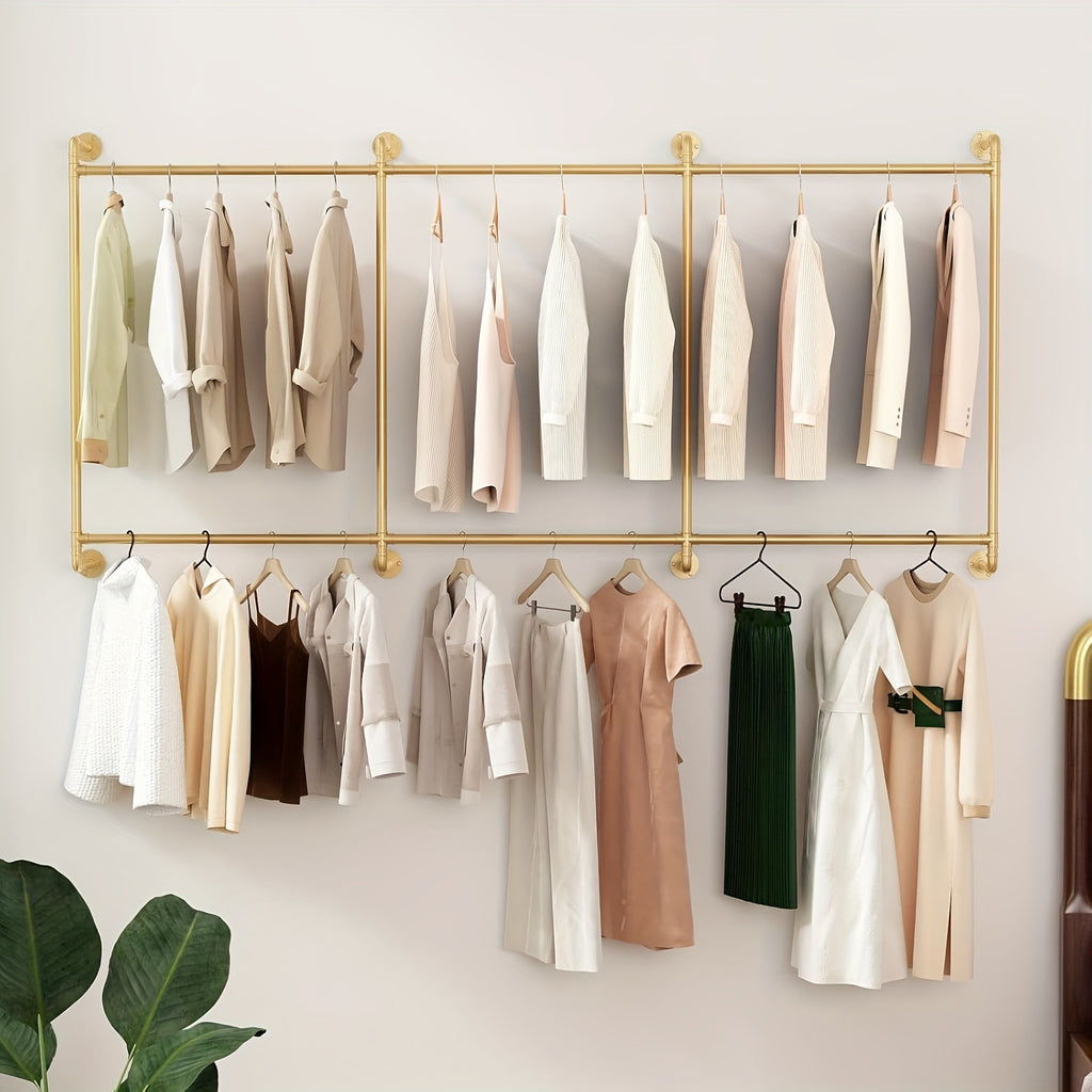 Iron HomeStyle Industrial Pipe Clothing Rack Clothing Rack Wall Mounted Clothes Racks For Hanging Clothes Double Rod-2 Tier Black