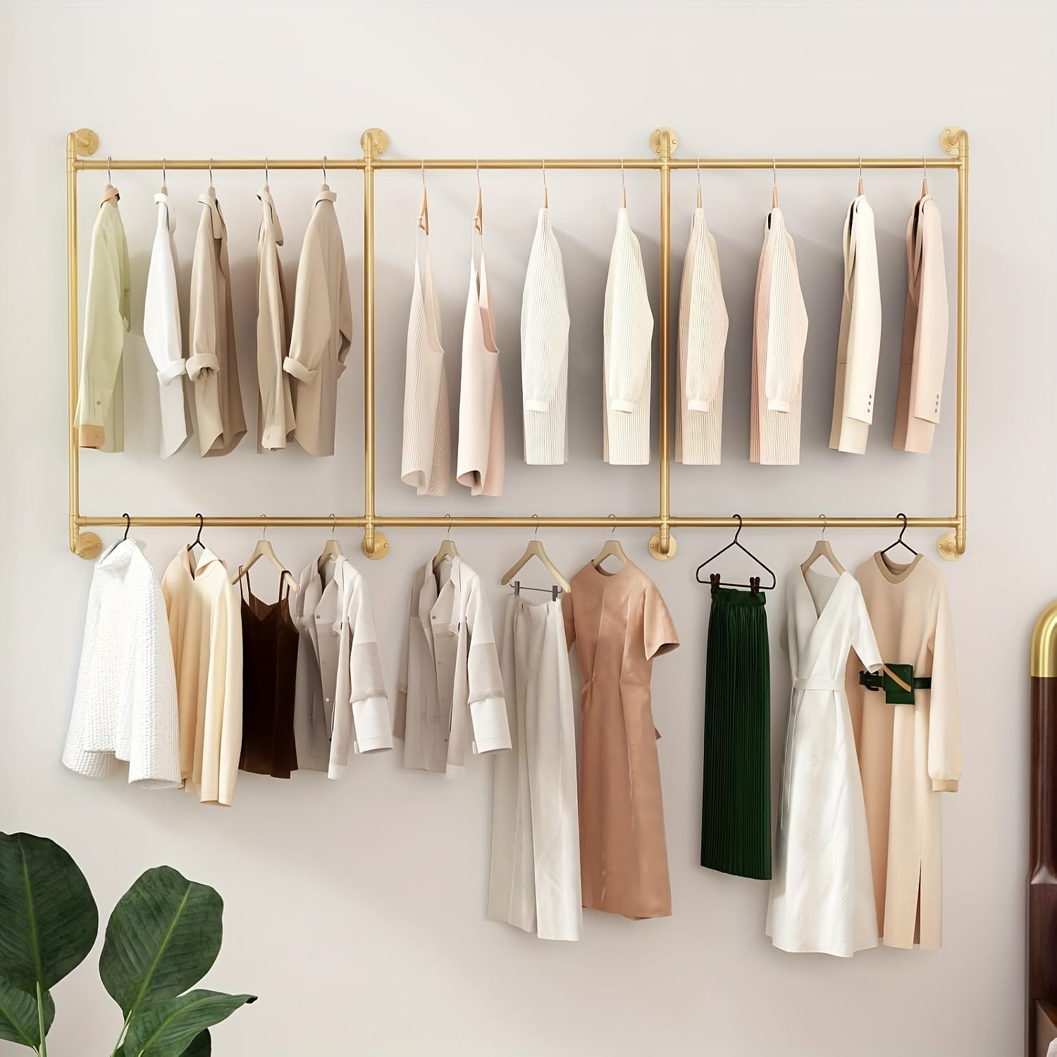 Iron HomeStyle Industrial Pipe Clothing Rack Clothing Rack Wall Mounted Clothes Racks For Hanging Clothes Double Rod-2 Tier Black