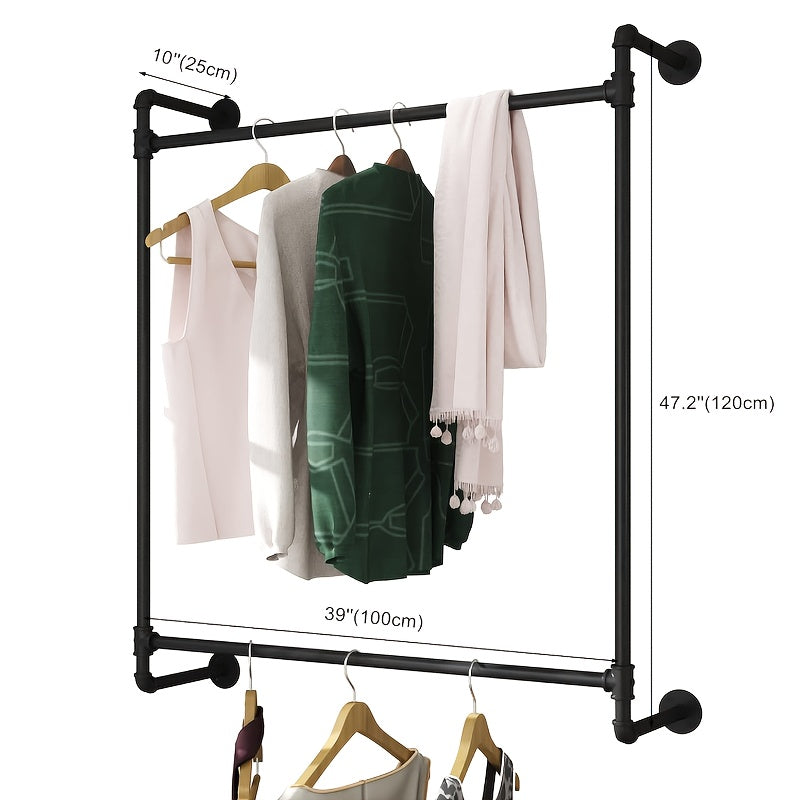Iron HomeStyle Industrial Pipe Clothing Rack Clothing Rack Wall Mounted Clothes Racks For Hanging Clothes Double Rod-2 Tier Black